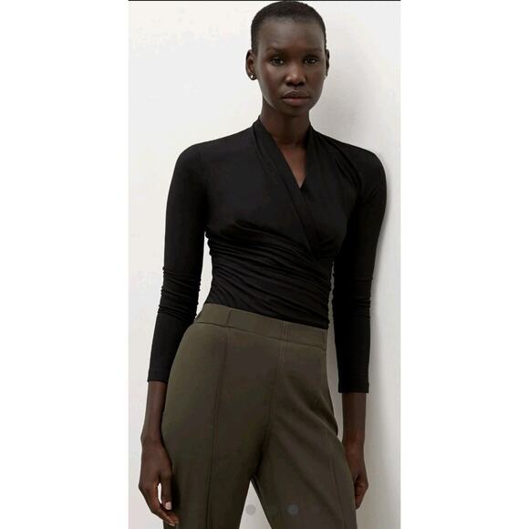 MM. LAFLEUR Large Black FEY Ruched FAUX-WRAP Stretch Knit-Jersey Pullover Top0 - Picture 1 of 9